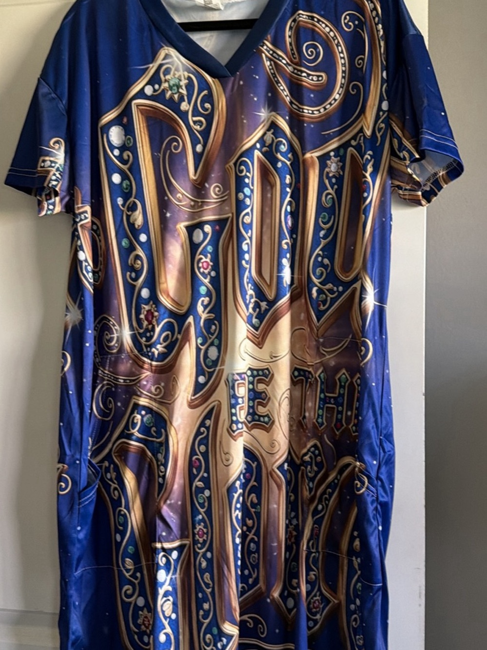 God Be The Glory!!!Blue and Gold Ornate V-Neck Shirt Dress🔥🔥🔥